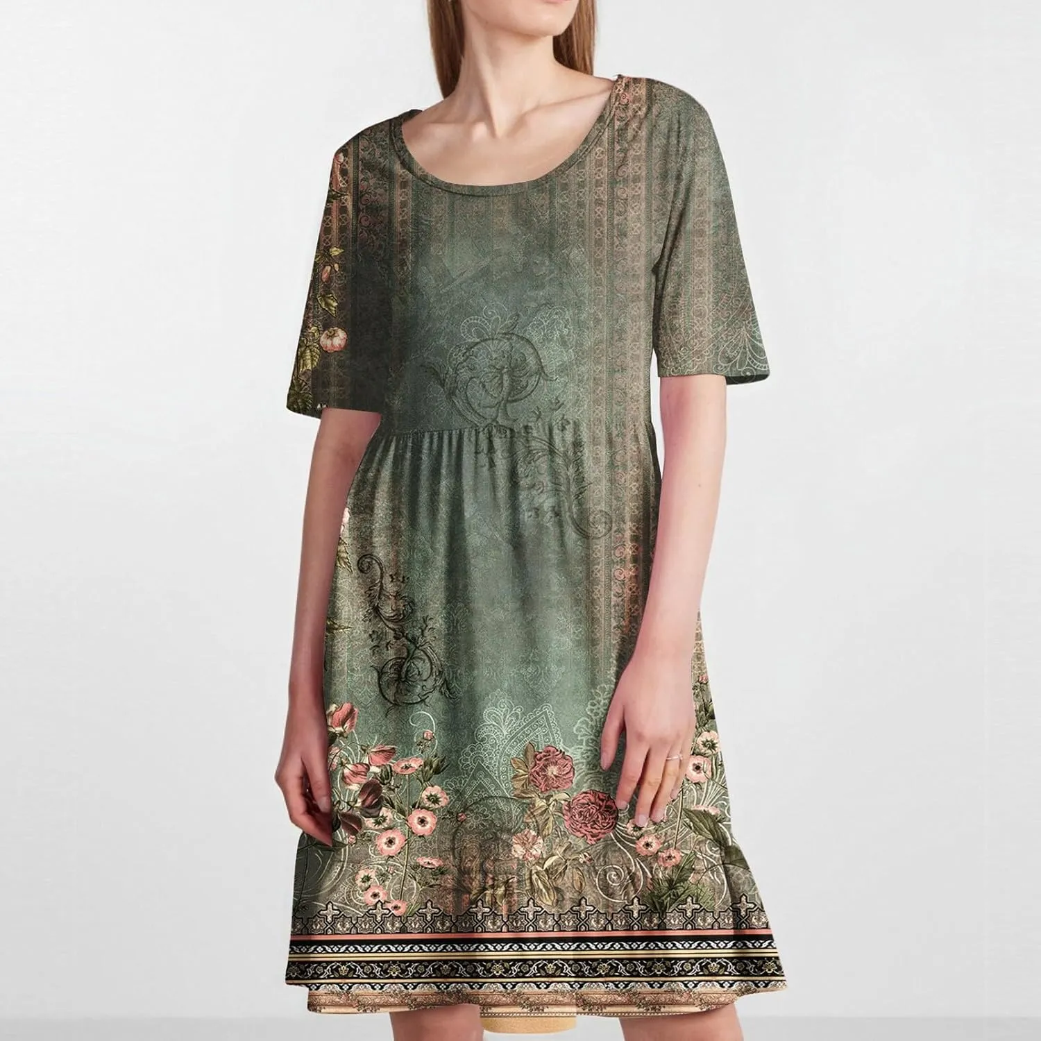 Floral Dress for Women Summer Boho U Neck Short Sleeve Beach Vacation Dresses Casual Fitted Midi Dress with Pockets