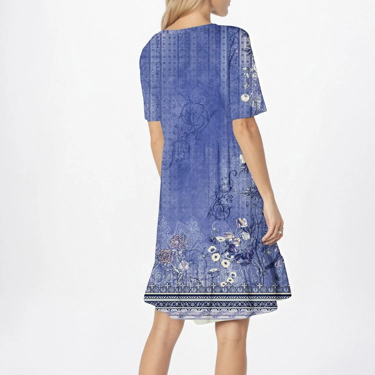 Floral Dress for Women Summer Boho U Neck Short Sleeve Beach Vacation Dresses Casual Fitted Midi Dress with Pockets