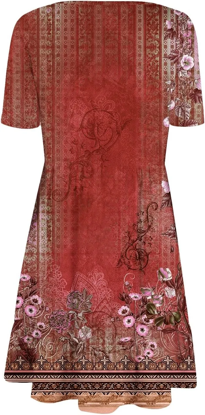 Floral Dress for Women Summer Boho U Neck Short Sleeve Beach Vacation Dresses Casual Fitted Midi Dress with Pockets
