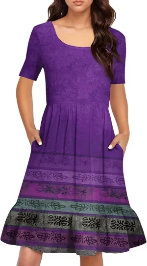 Floral Dress for Women Summer Boho U Neck Short Sleeve Beach Vacation Dresses Casual Fitted Midi Dress with Pockets
