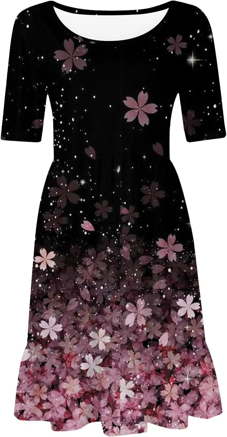 Floral Dress for Women Summer Boho U Neck Short Sleeve Beach Vacation Dresses Casual Fitted Midi Dress with Pockets