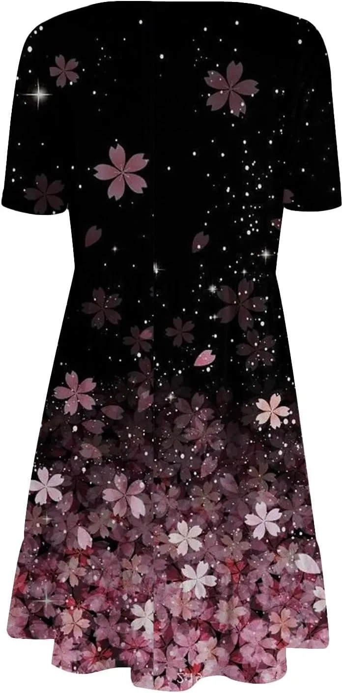 Floral Dress for Women Summer Boho U Neck Short Sleeve Beach Vacation Dresses Casual Fitted Midi Dress with Pockets