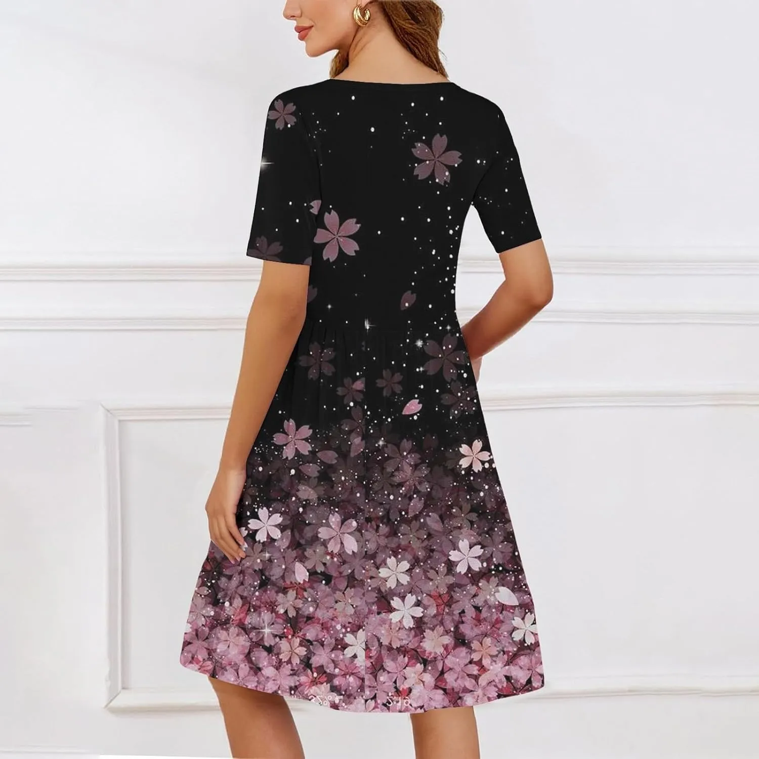 Floral Dress for Women Summer Boho U Neck Short Sleeve Beach Vacation Dresses Casual Fitted Midi Dress with Pockets