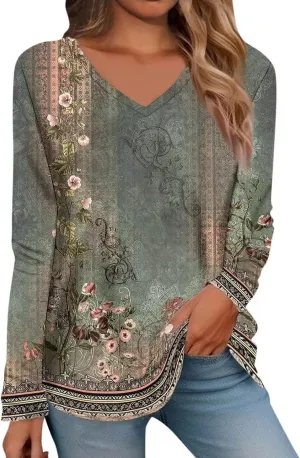 Floral Long Sleeve Tops for Women V-Neck Spring 2025 Hippie Top Western Casual Floral Boho Shirts