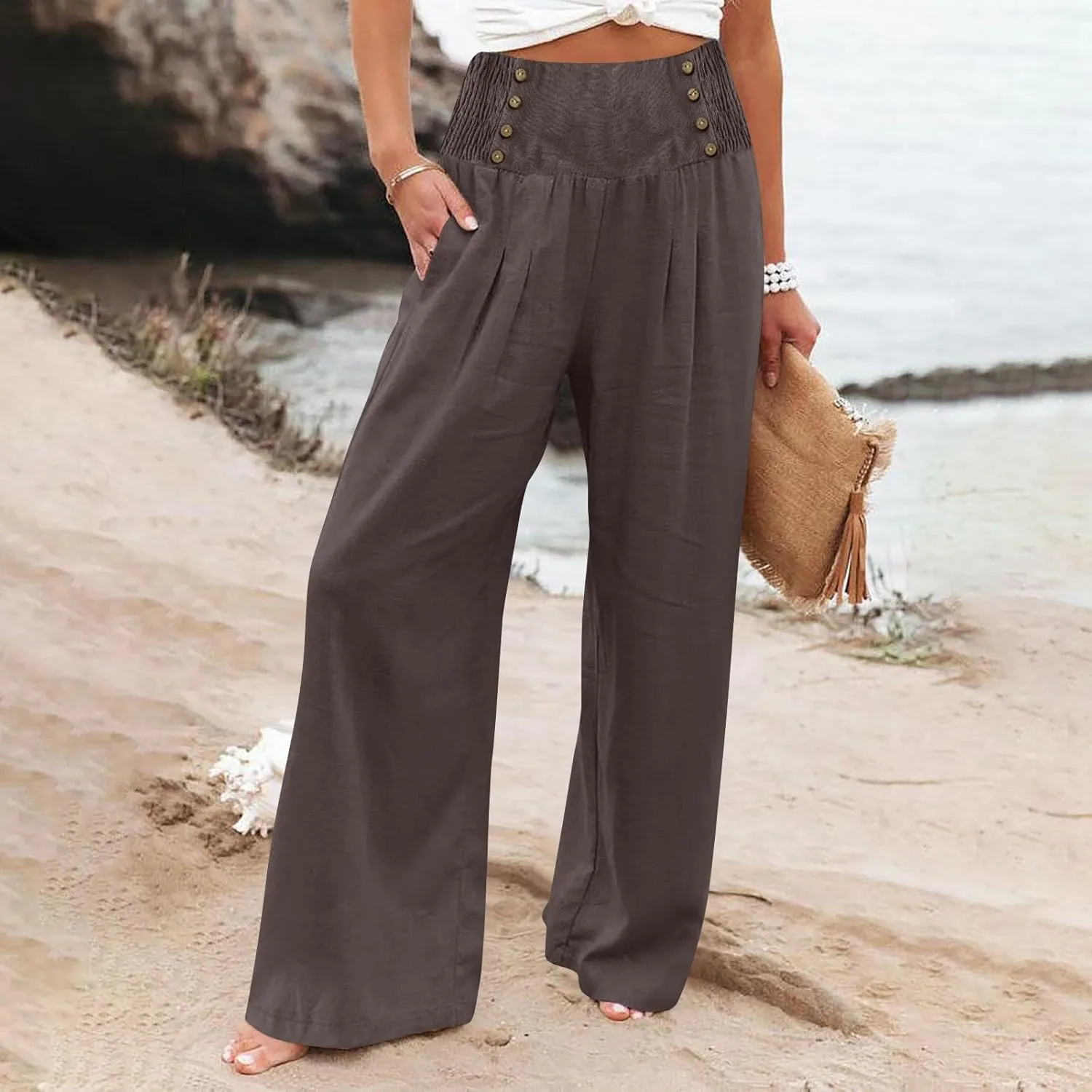Flowy Pants for Women Summer Linen Pants Womens High Waisted Wide Leg Palazzo Pants Casual Cotton Yoga Pants with Pockets