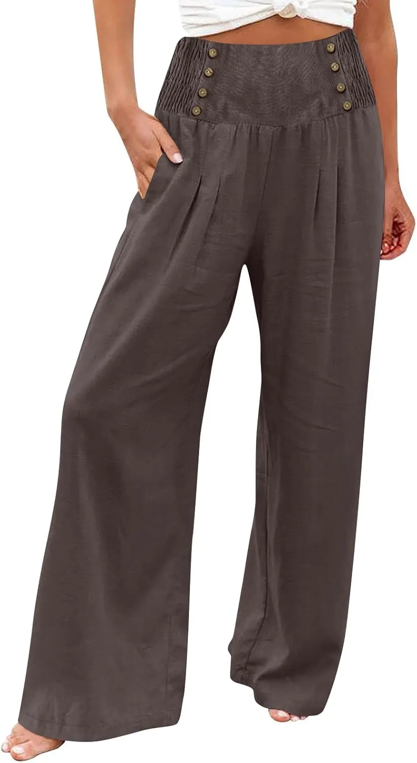 Flowy Pants for Women Summer Linen Pants Womens High Waisted Wide Leg Palazzo Pants Casual Cotton Yoga Pants with Pockets