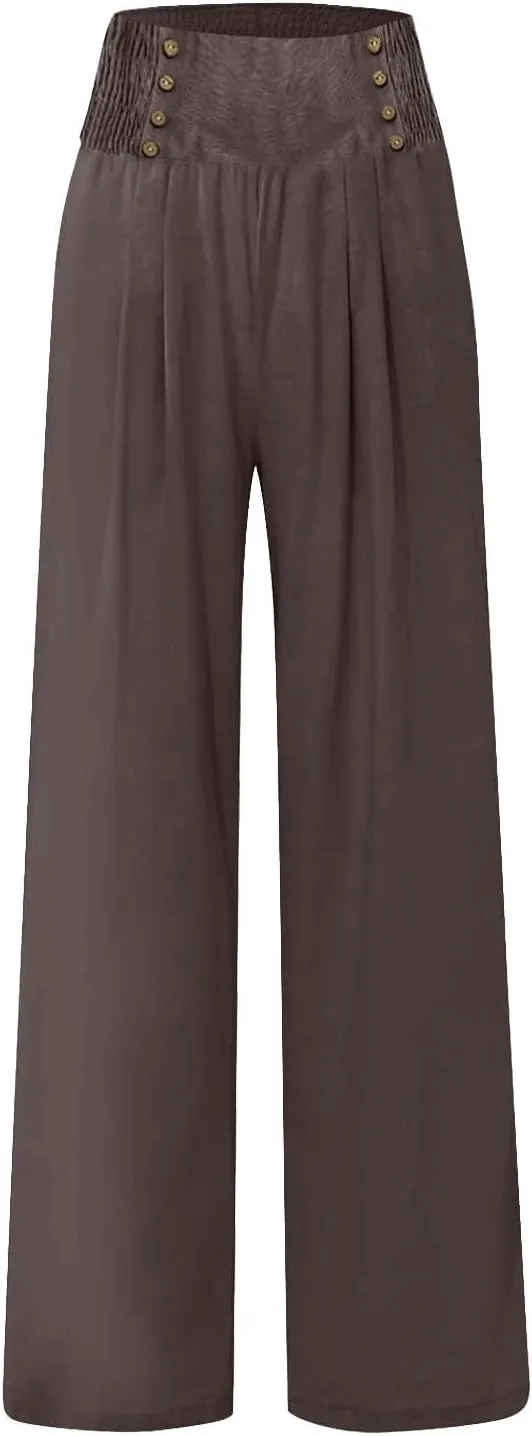 Flowy Pants for Women Summer Linen Pants Womens High Waisted Wide Leg Palazzo Pants Casual Cotton Yoga Pants with Pockets