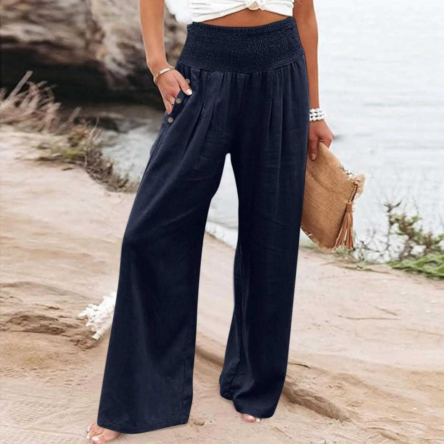 FZVYD Tummy Control Women High Waist Lounge Pants Casual Wide Leg Boho Trouser 2025 Summer Drawstring Sweatpants with Pocket
