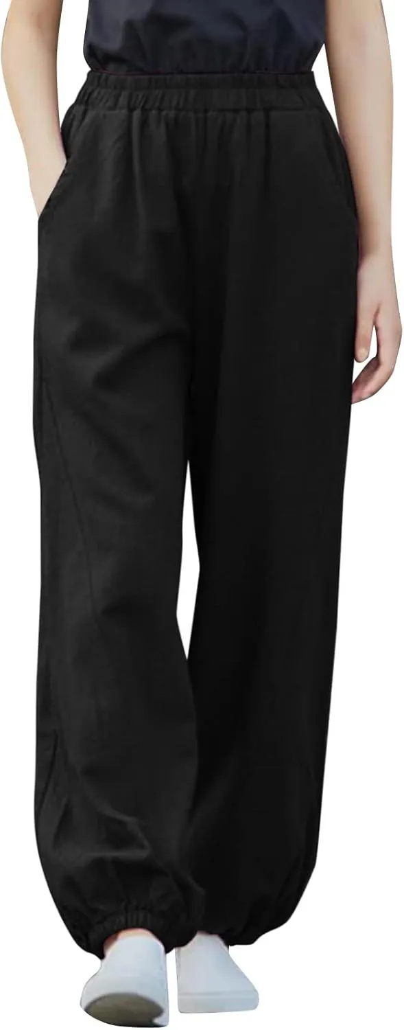 FZYLQY Women Casual Loose Linen Pants Straight Leg Elastic High Waist Parachute Pants Daily Hiking Workout Athletic Trousers