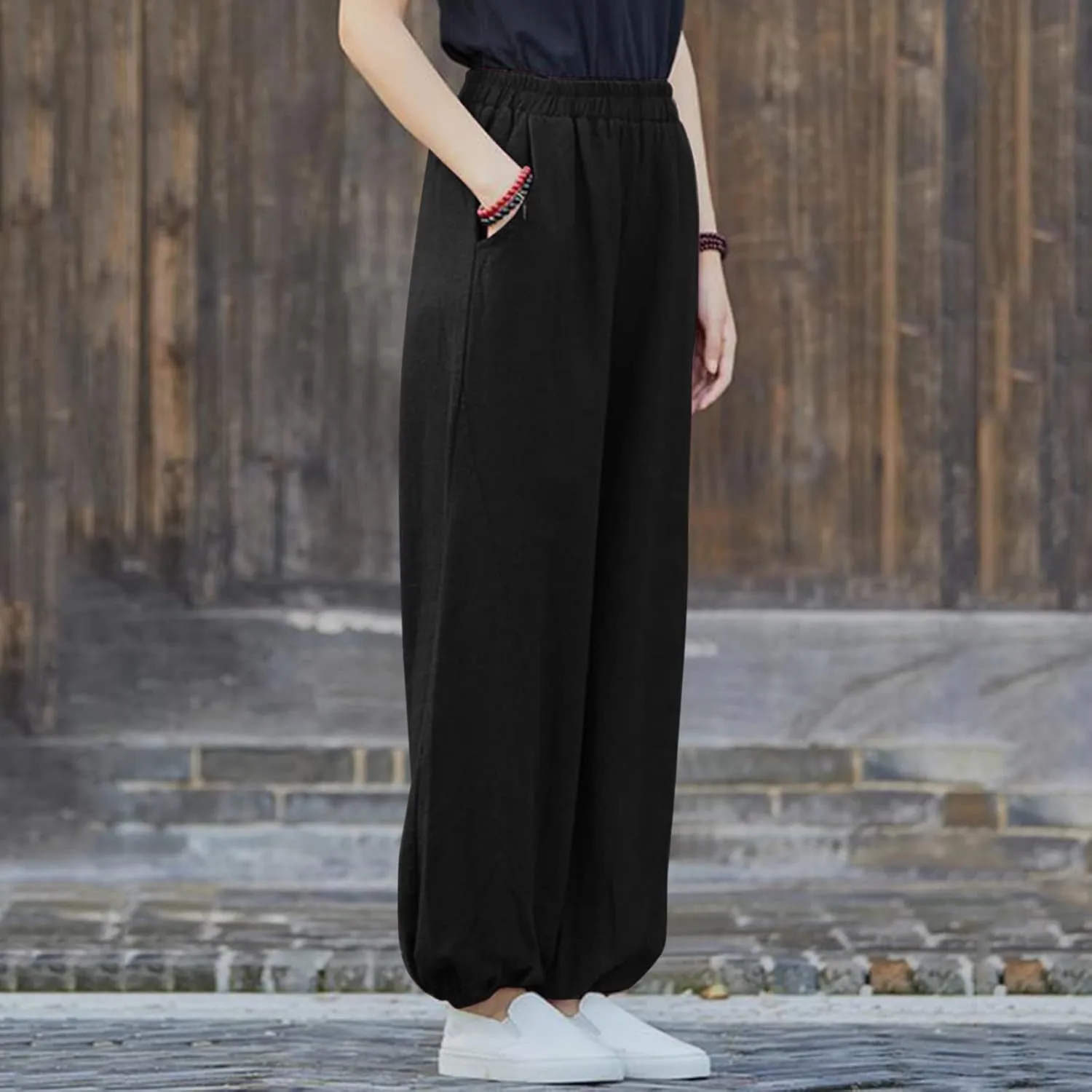 FZYLQY Women Casual Loose Linen Pants Straight Leg Elastic High Waist Parachute Pants Daily Hiking Workout Athletic Trousers