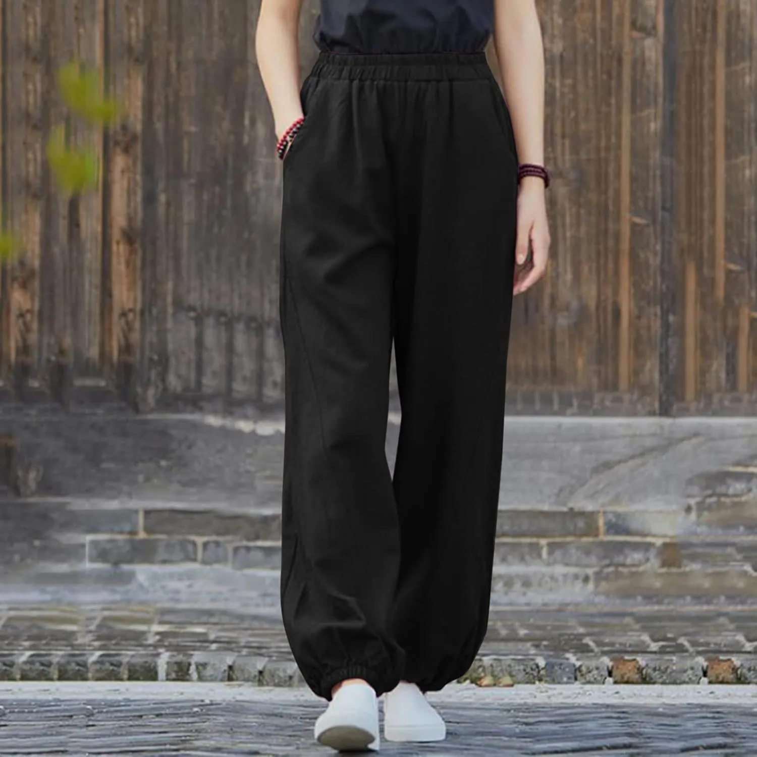 FZYLQY Women Casual Loose Linen Pants Straight Leg Elastic High Waist Parachute Pants Daily Hiking Workout Athletic Trousers