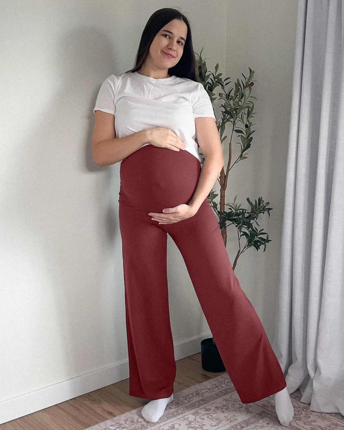 G4Free BareFeel Maternity Dress Yoga Pants Over The Belly Stretchy Work Slack Pregnancy Wide Leg Lounge Trousers