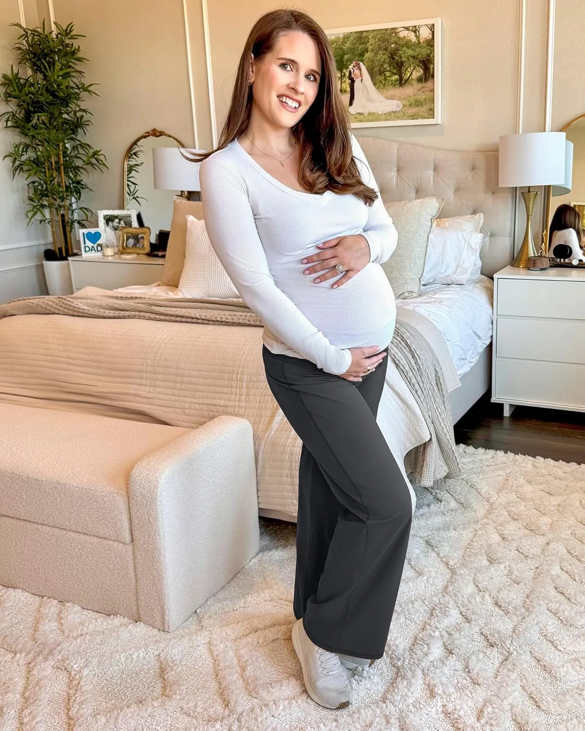 G4Free BareFeel Maternity Dress Yoga Pants Over The Belly Stretchy Work Slack Pregnancy Wide Leg Lounge Trousers