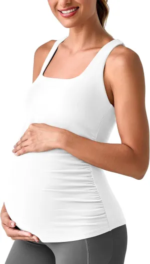 G4Free BareFeel Maternity Racerback Tank Tops with Built in Bra Ruched Sleeveless Square Neck Pregnancy Yoga Workout Shirts