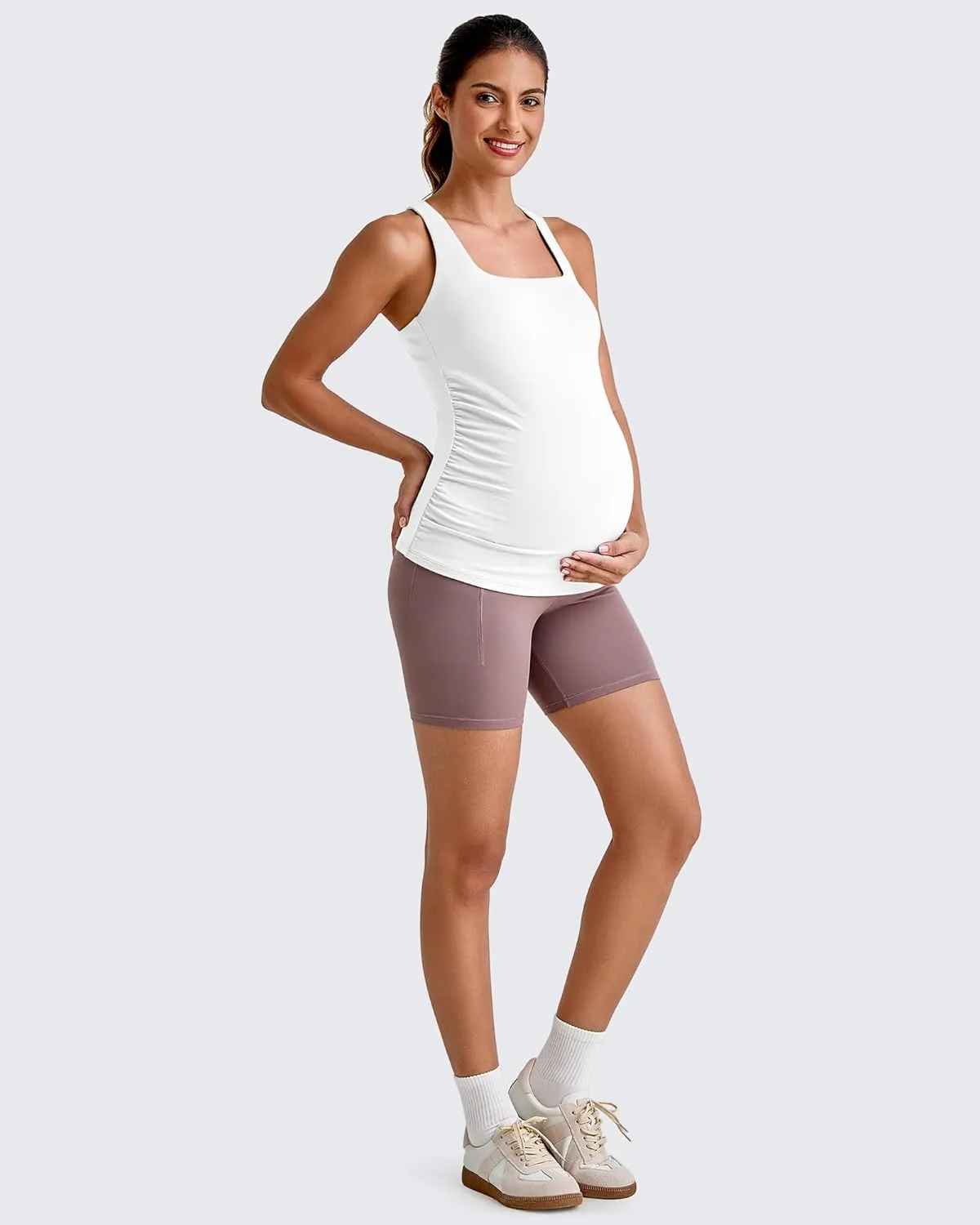 G4Free BareFeel Maternity Racerback Tank Tops with Built in Bra Ruched Sleeveless Square Neck Pregnancy Yoga Workout Shirts