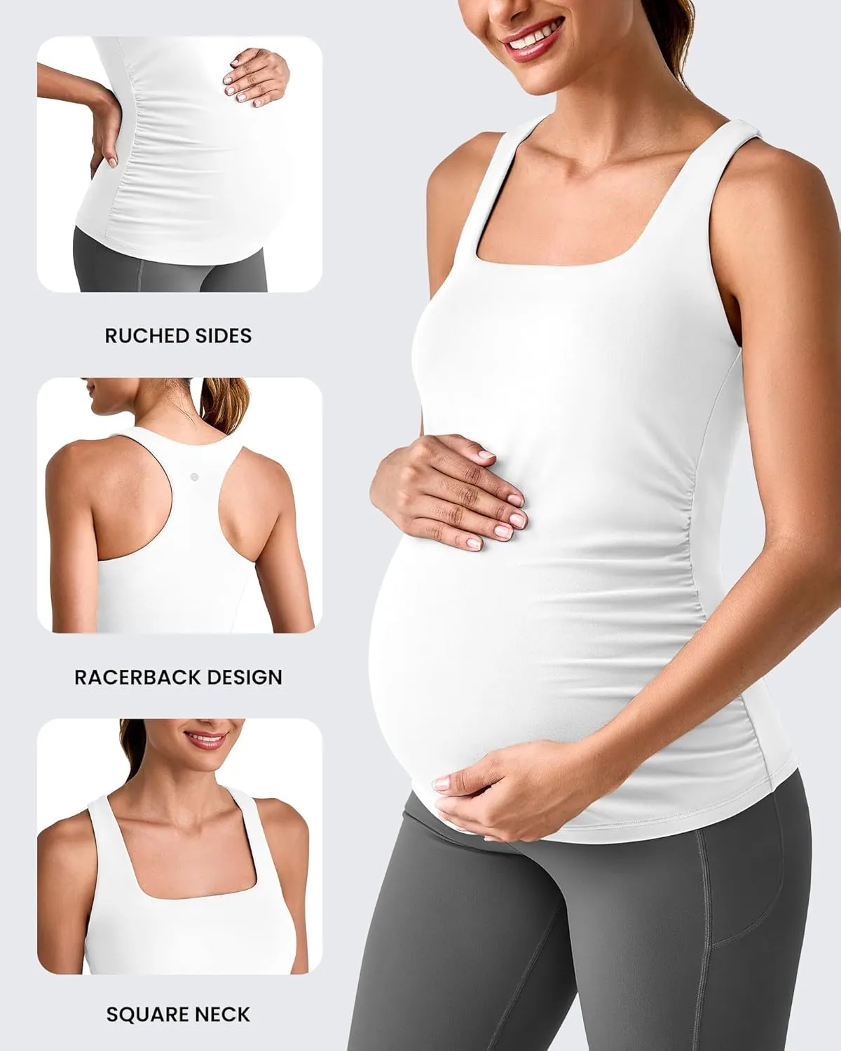 G4Free BareFeel Maternity Racerback Tank Tops with Built in Bra Ruched Sleeveless Square Neck Pregnancy Yoga Workout Shirts