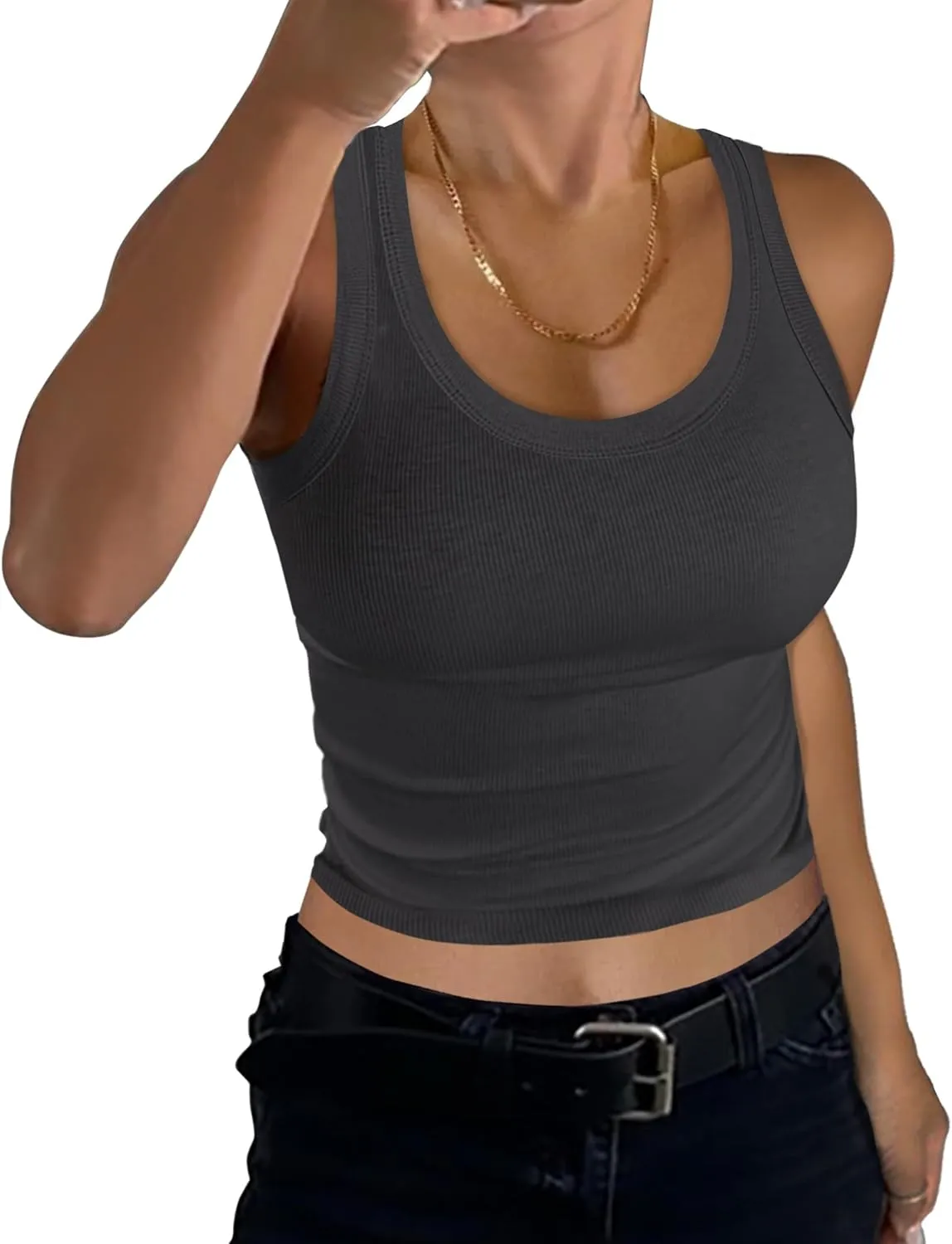 GEMBERA Women Sleeveless Scoop Neck Racerback Ribbed Knit Fitted Teen Basic Crop Tank Top Shirt