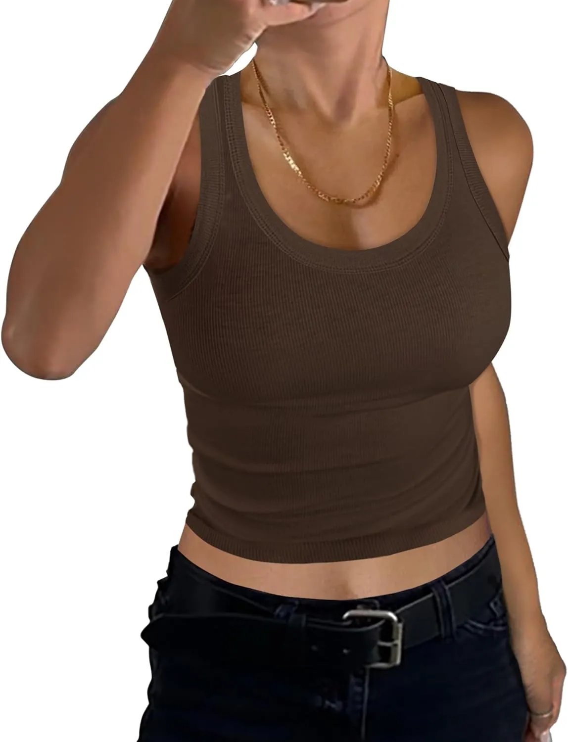 GEMBERA Women Sleeveless Scoop Neck Racerback Ribbed Knit Fitted Teen Basic Crop Tank Top Shirt
