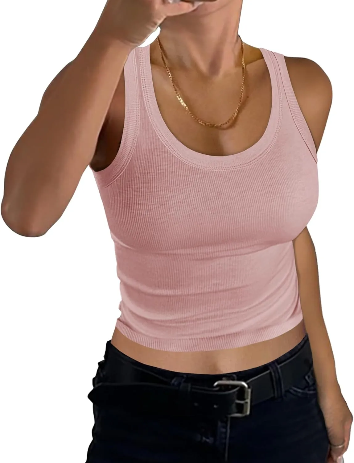 GEMBERA Women Sleeveless Scoop Neck Racerback Ribbed Knit Fitted Teen Basic Crop Tank Top Shirt