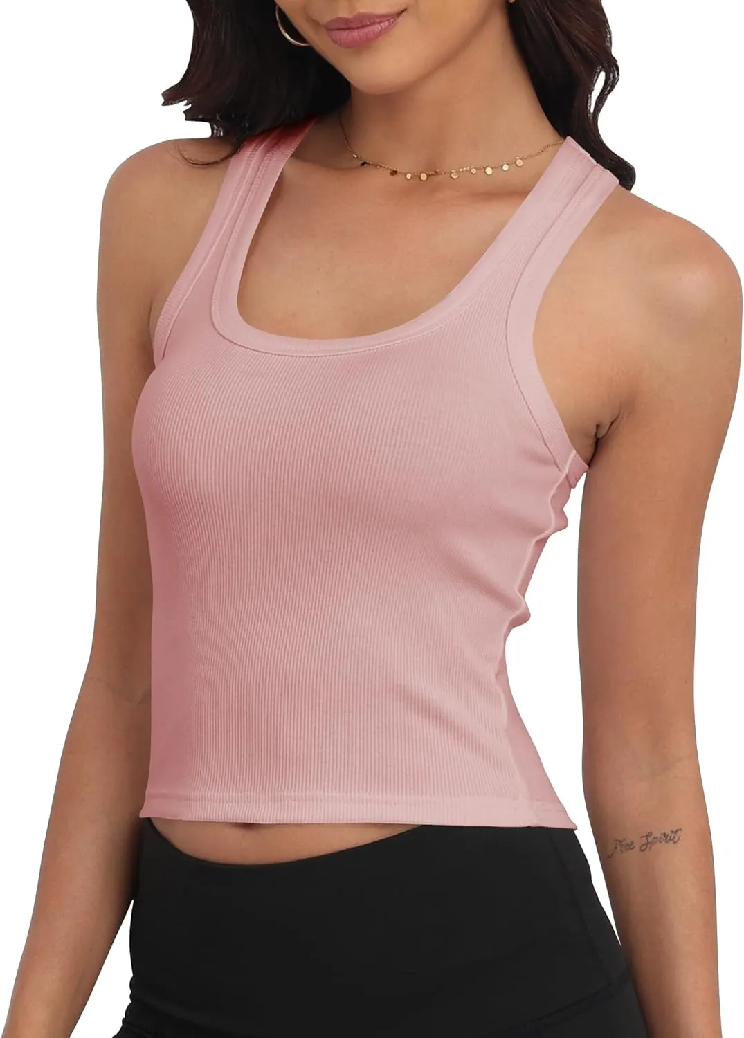 GEMBERA Women Sleeveless Scoop Neck Racerback Ribbed Knit Fitted Teen Basic Crop Tank Top Shirt