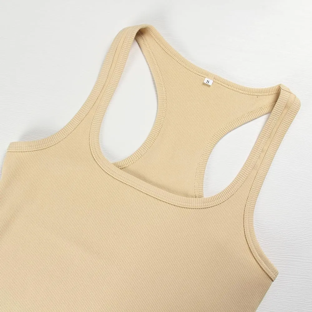 GEMBERA Womens Ribbed Knit Square Neck Racerback Sleeveless Fitted Basic Work Out Tank Top Shirt