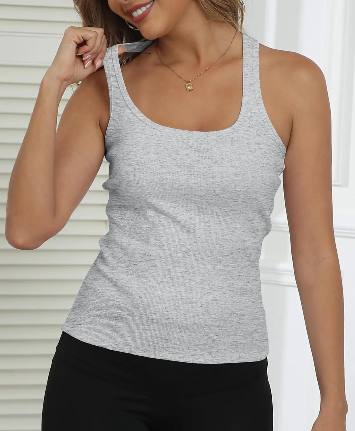 GEMBERA Womens Ribbed Knit Square Neck Racerback Sleeveless Fitted Basic Work Out Tank Top Shirt
