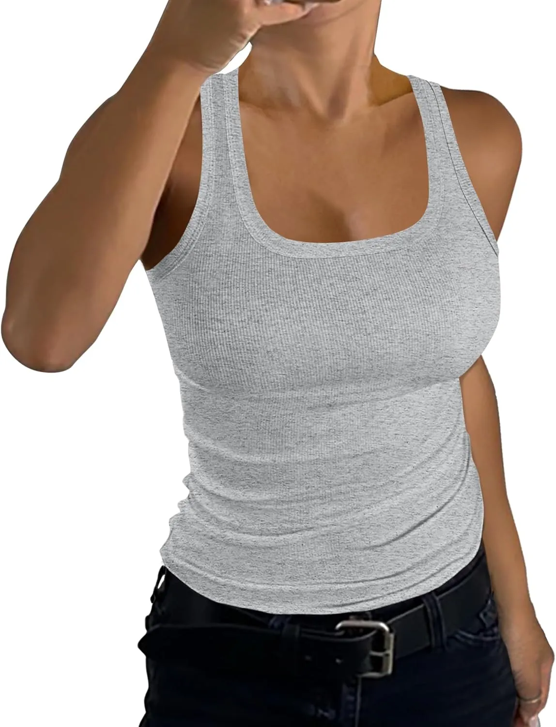 GEMBERA Womens Ribbed Knit Square Neck Racerback Sleeveless Fitted Basic Work Out Tank Top Shirt