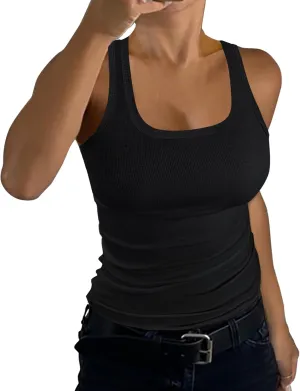 GEMBERA Womens Ribbed Knit Square Neck Racerback Sleeveless Fitted Basic Work Out Tank Top Shirt