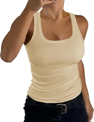 GEMBERA Womens Ribbed Knit Square Neck Racerback Sleeveless Fitted Basic Work Out Tank Top Shirt