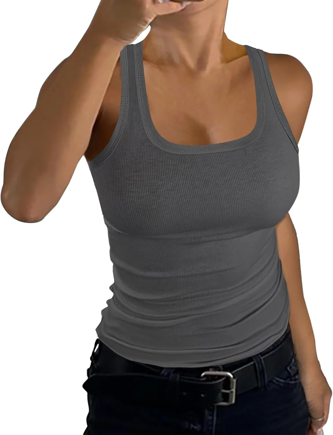 GEMBERA Womens Ribbed Knit Square Neck Racerback Sleeveless Fitted Basic Work Out Tank Top Shirt