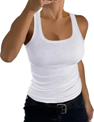 GEMBERA Womens Ribbed Knit Square Neck Racerback Sleeveless Fitted Basic Work Out Tank Top Shirt
