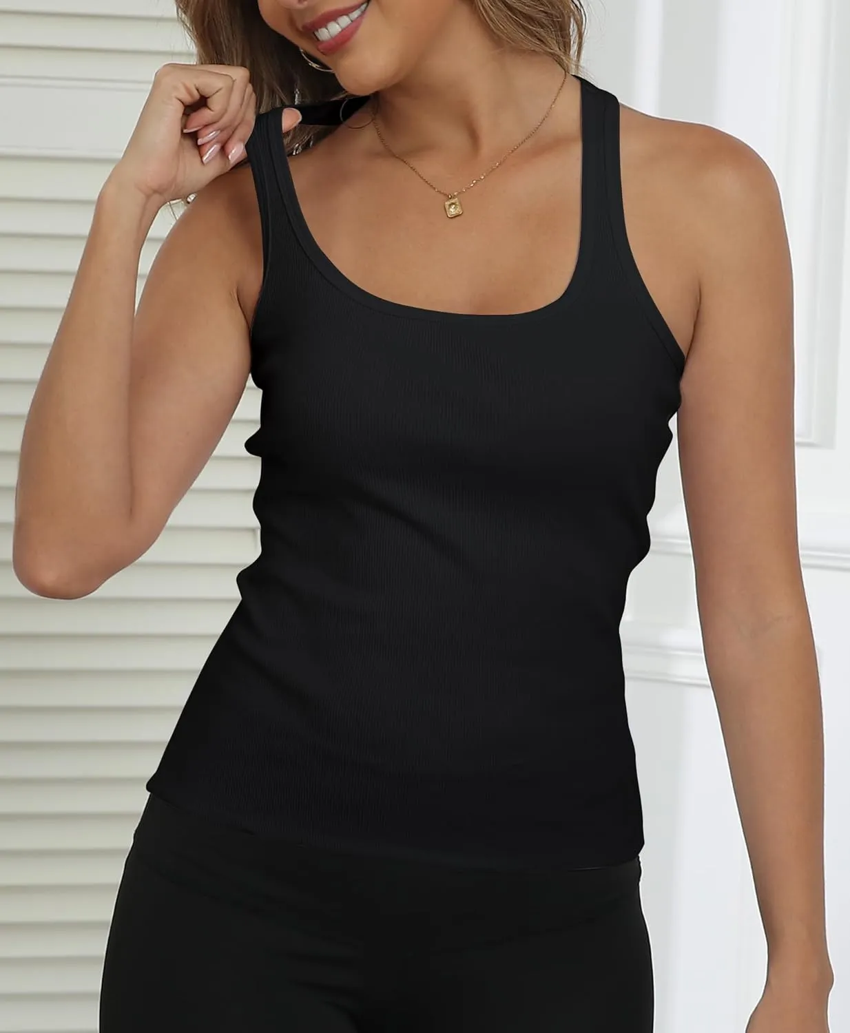 GEMBERA Womens Ribbed Knit Square Neck Racerback Sleeveless Fitted Basic Work Out Tank Top Shirt