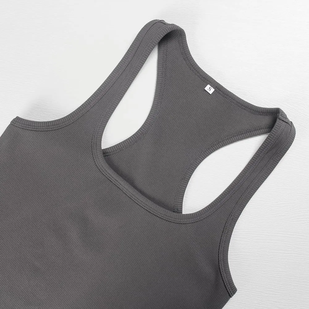 GEMBERA Womens Ribbed Knit Square Neck Racerback Sleeveless Fitted Basic Work Out Tank Top Shirt