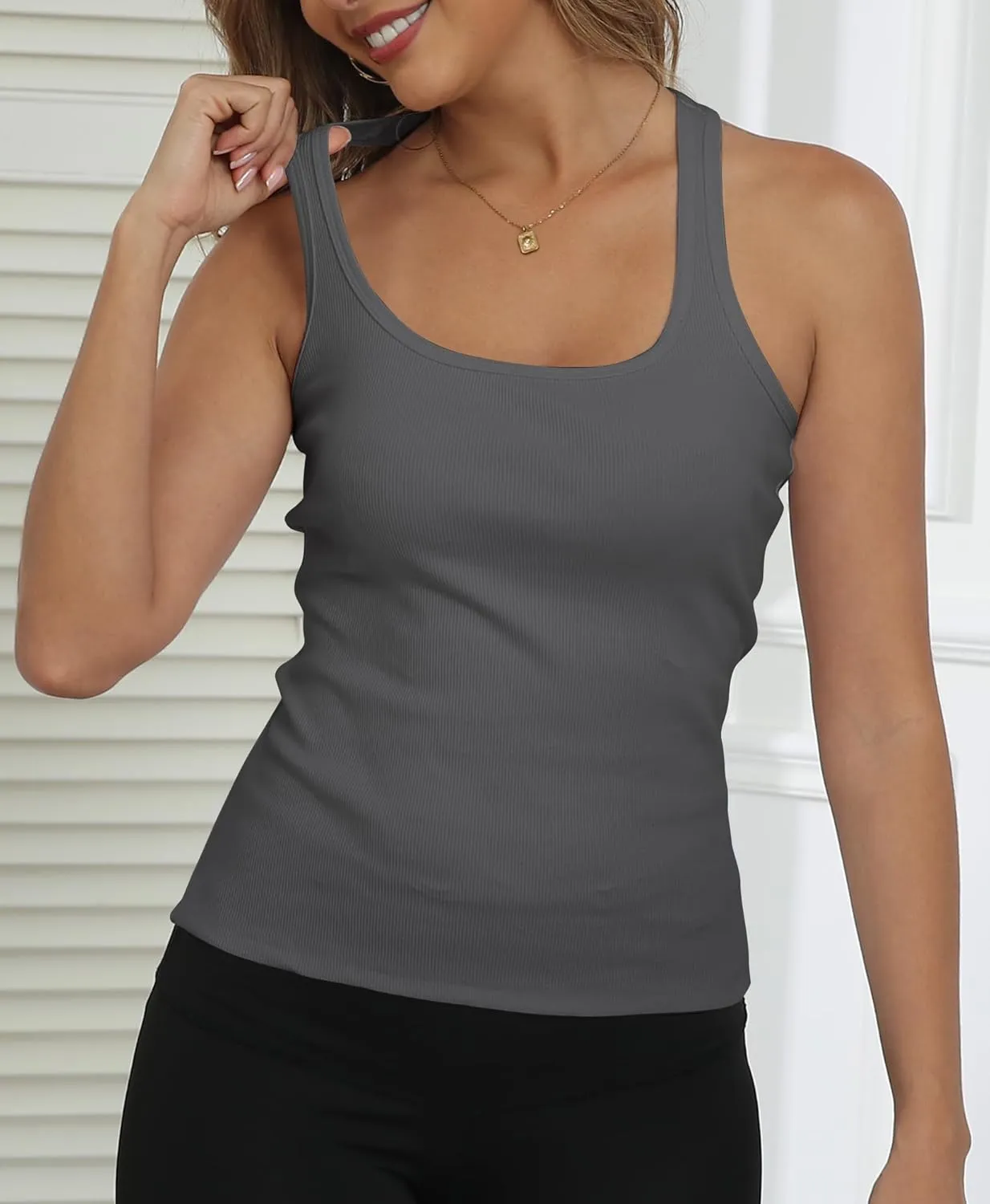 GEMBERA Womens Ribbed Knit Square Neck Racerback Sleeveless Fitted Basic Work Out Tank Top Shirt