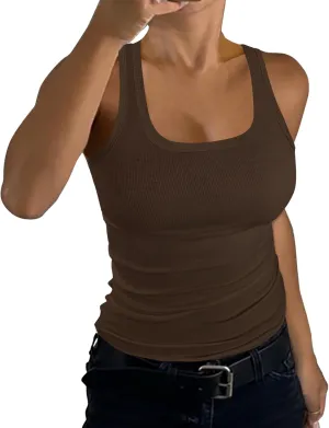 GEMBERA Womens Ribbed Knit Square Neck Racerback Sleeveless Fitted Basic Work Out Tank Top Shirt