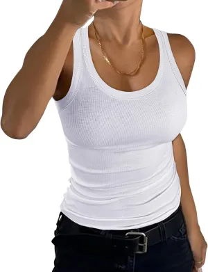 GEMBERA Womens Scoop Neck Sleeveless Racerback Ribbed Knit Slim Fitted Basic Tank Top Shirt