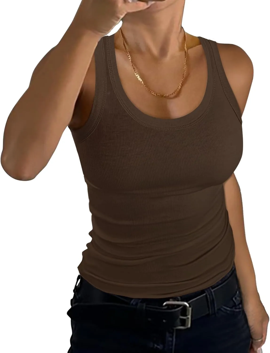 GEMBERA Womens Scoop Neck Sleeveless Racerback Ribbed Knit Slim Fitted Basic Tank Top Shirt