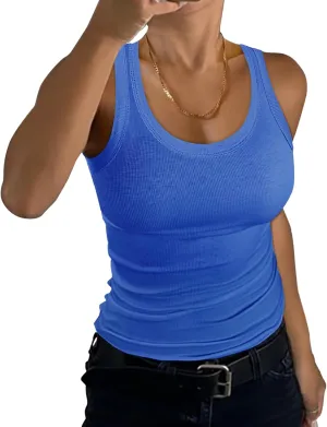 GEMBERA Womens Scoop Neck Sleeveless Racerback Ribbed Knit Slim Fitted Basic Tank Top Shirt