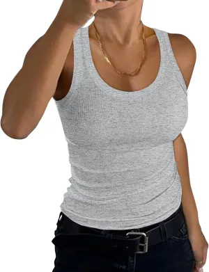 GEMBERA Womens Scoop Neck Sleeveless Racerback Ribbed Knit Slim Fitted Basic Tank Top Shirt