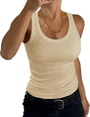 GEMBERA Womens Scoop Neck Sleeveless Racerback Ribbed Knit Slim Fitted Basic Tank Top Shirt