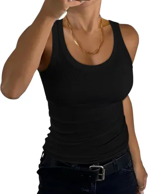 GEMBERA Womens Scoop Neck Sleeveless Racerback Ribbed Knit Slim Fitted Basic Tank Top Shirt