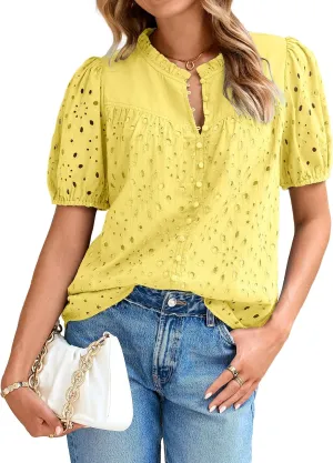 Glamaker Womens Summer Tops Blouse 2025 Casual Eyelet Embroidered Short Puff Sleeve Lace Hollow Out Button Dressy Shirts