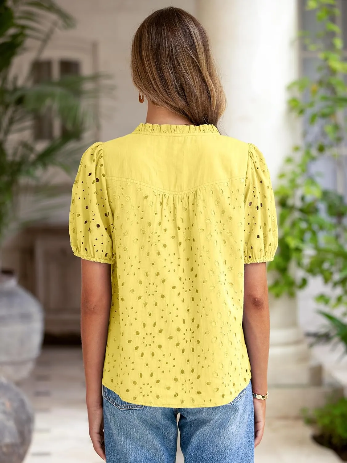 Glamaker Womens Summer Tops Blouse 2025 Casual Eyelet Embroidered Short Puff Sleeve Lace Hollow Out Button Dressy Shirts
