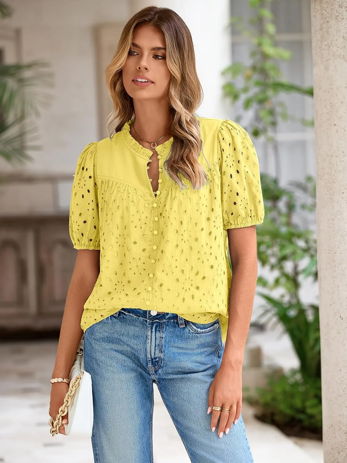 Glamaker Womens Summer Tops Blouse 2025 Casual Eyelet Embroidered Short Puff Sleeve Lace Hollow Out Button Dressy Shirts
