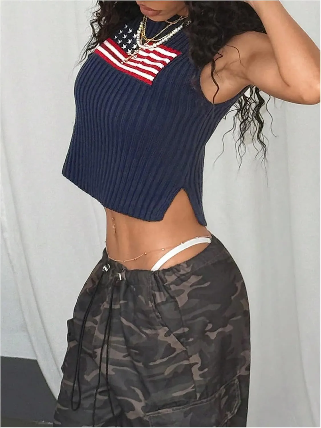 GORGLITTER Women's American Flag Crop Tank Tops Sleeveless 4th of July Patriotic Summer Outfits Sweater Vest