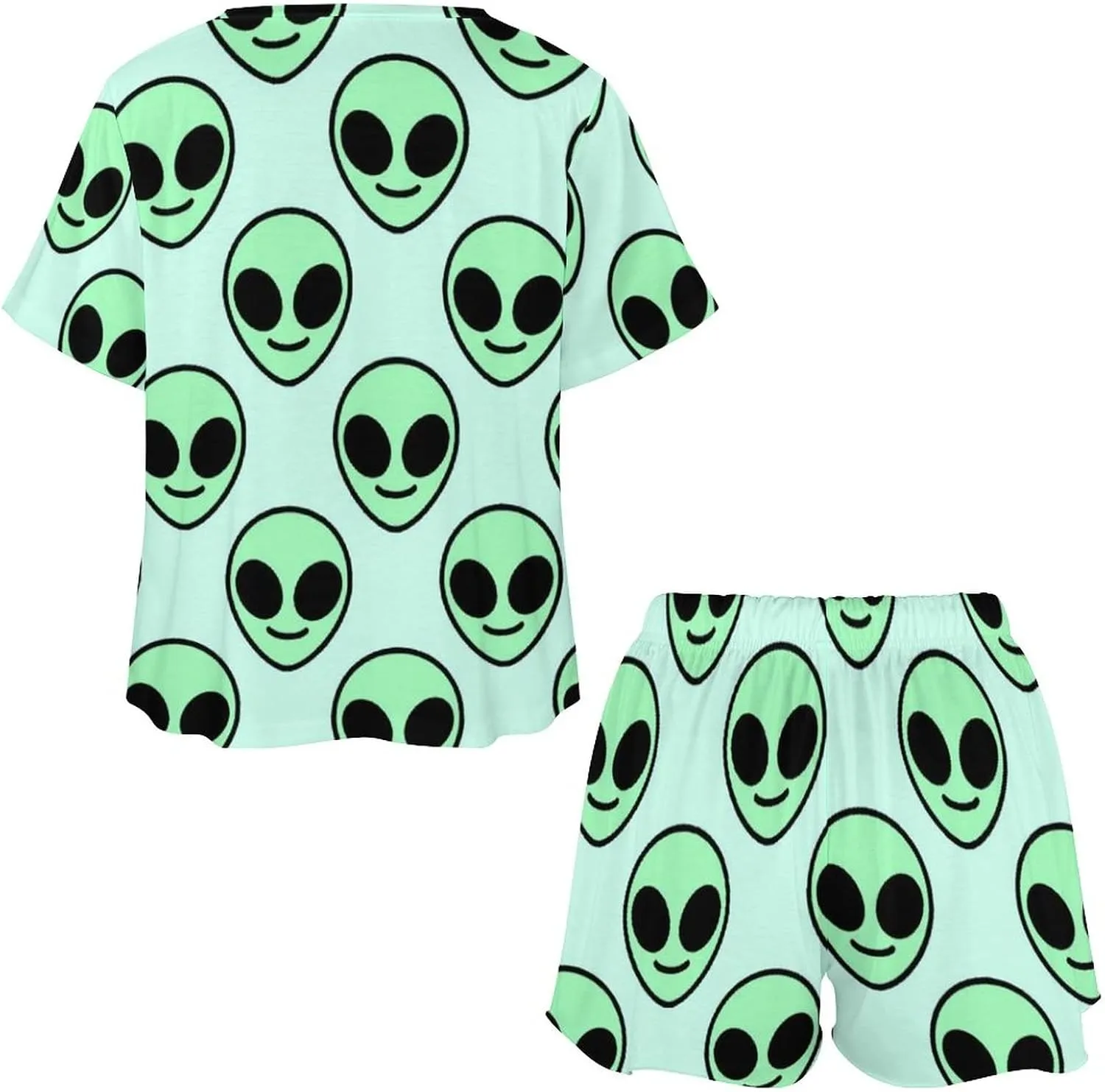 Green Alien Pajamas Set Button Down Loungewear Summer Short Sleeve and Shirts for Women Soft Comfy 2 Piece