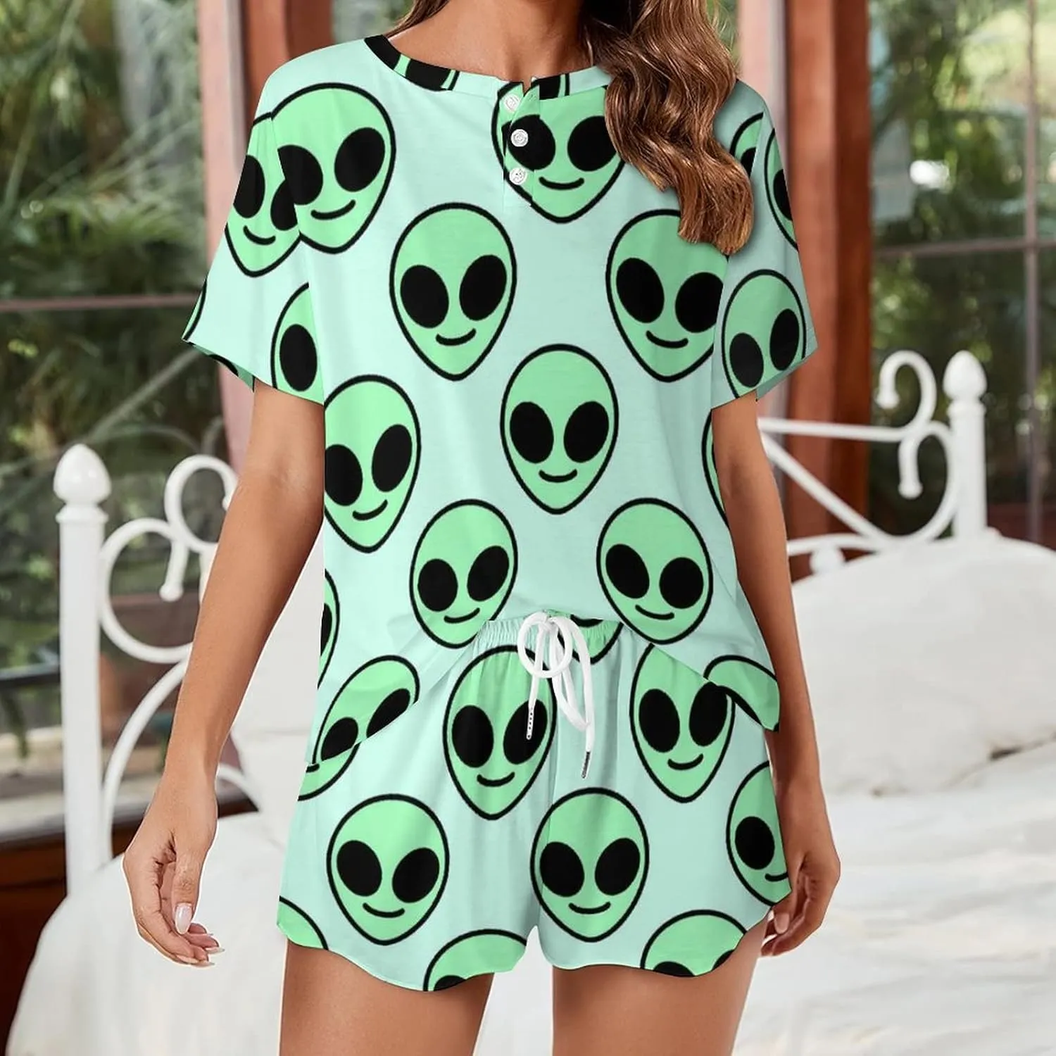 Green Alien Pajamas Set Button Down Loungewear Summer Short Sleeve and Shirts for Women Soft Comfy 2 Piece