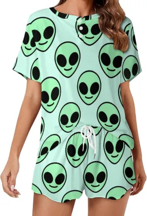Green Alien Pajamas Set Button Down Loungewear Summer Short Sleeve and Shirts for Women Soft Comfy 2 Piece