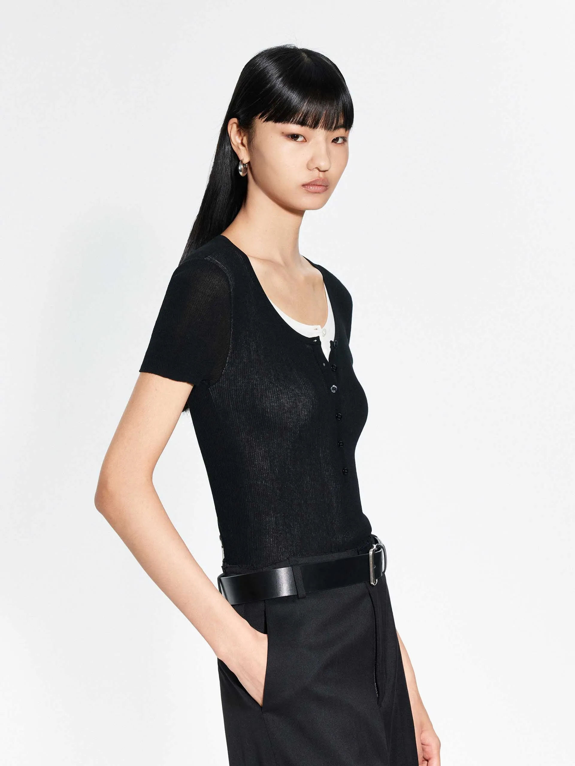 Half Button Contrast Top