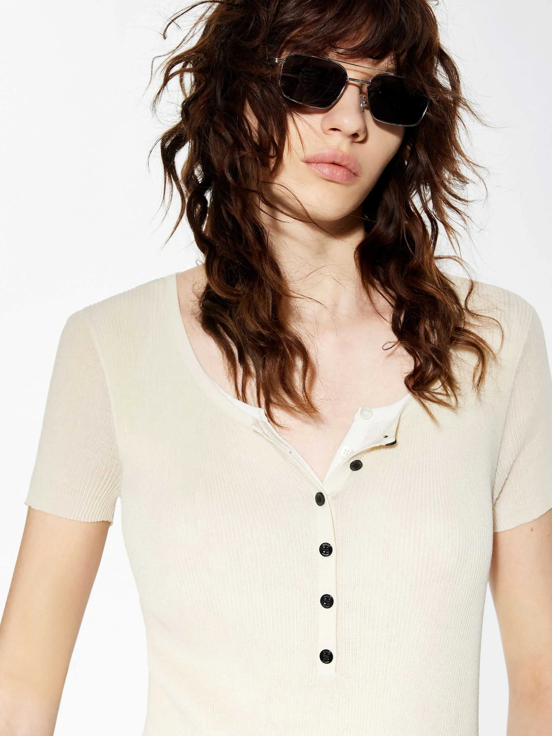 Half Button Contrast Top